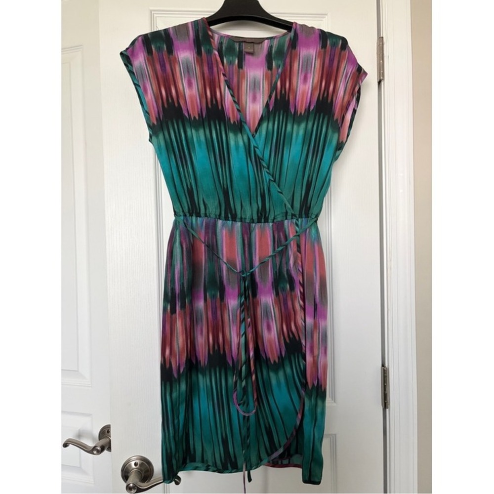 Fynn & Rose Women Ikat Print Faux Wrap Dress Teal‎ Pink Purple Size 4 Sleeveless